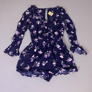 American Eagle Outfitters Romper Small Navy Floral Long Sleeve V-Neck Ruffle NWT